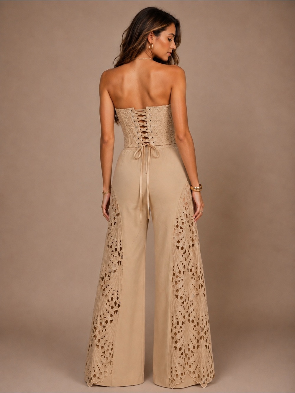 NWT Commense Strapless Eyelet Top & Wide Leg Pants Set - Khaki - Picture 2 of 6